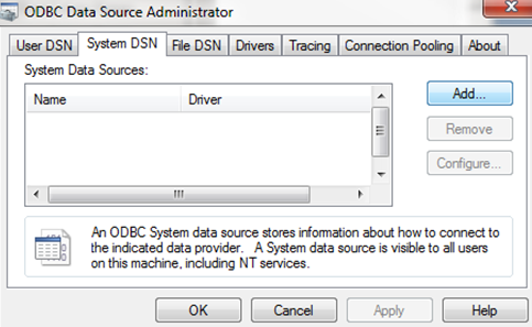 System DSN tab.  An ODBC System data source stores information about how to connect to the indicated data provider.  A System data source is visible to all users on this machine, including NT services.